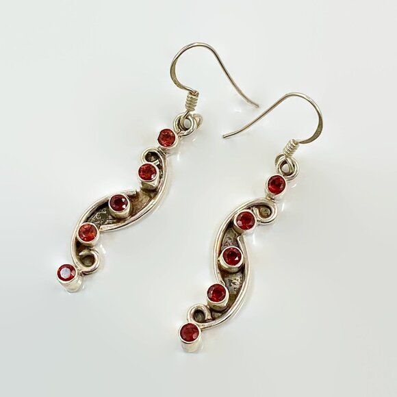 Jewelry - Garnet Earrings, Sterling Silver, Vintage, Red Stone, 2" Long, Modern